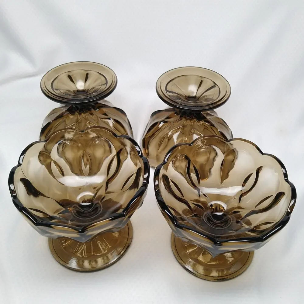 Anchor Hocking Fairfield Smoky Brown Glass Dessert Bowls Pedestal Set of 4 -CHIP